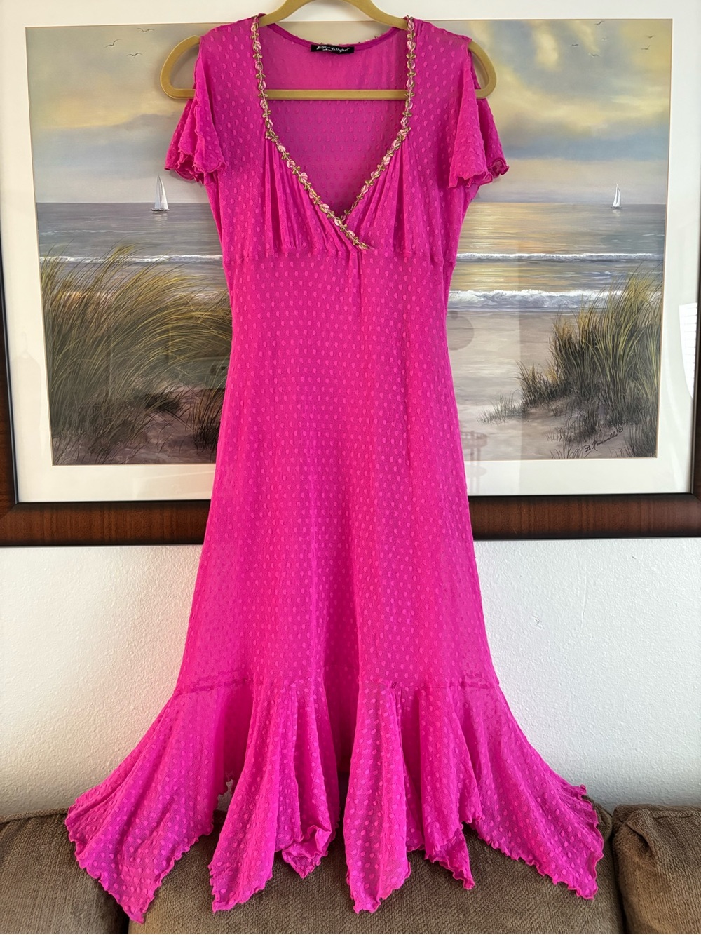 VTG Betsey Johnson Hot Pink Mesh Flocked Midi Dress Handkerchief Hem Large USA